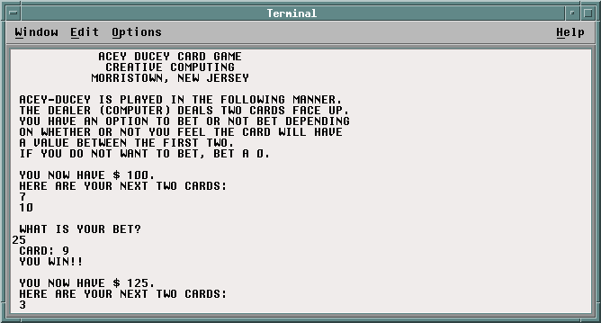 Acey Ducey in FORTRAN 77